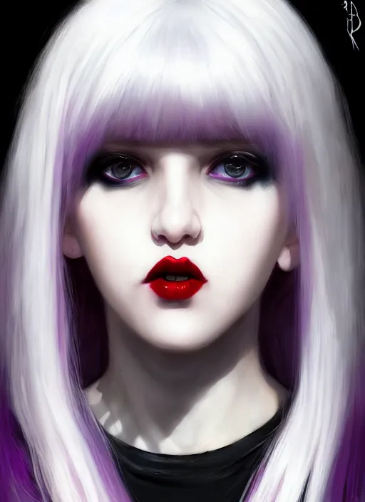 Image similar to portrait of white teenage girl, normal face, white bangs, mall goth, cyberlox, black and white hair, bangs, fluffy bangs, red contact lenses, purple lipstick, intricate, elegant, highly detailed, digital painting, artstation, concept art, sharp focus, smooth, illustration, art by wlop, mars ravelo and greg rutkowski