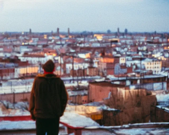 Image similar to lomo photo of man standing on the roof of soviet hrushevka, small town, cinestill, bokeh, out of focus