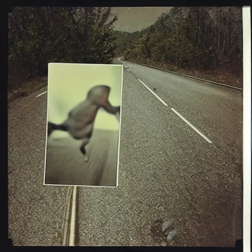 Prompt: found polaroid picture, flash, mutant creature in the middle of a deserted highway, eerie