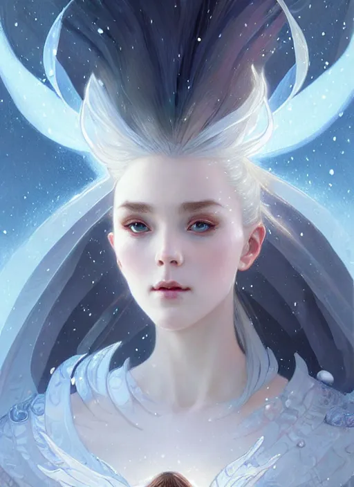 Image similar to a beautiful cinematic female winter goddess, cristal dress, ice wing, galatic shamen with quantum energy fantasy, fantasy magic, undercut hairstyle, dark light night, intricate, elegant, sharp focus, illustration, highly detailed, digital painting, concept art, matte, art by wlop and artgerm and greg rutkowski and alphonse mucha, masterpiece