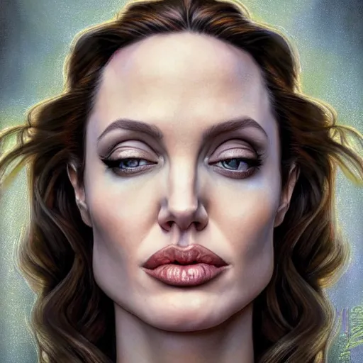 Prompt: Portrait of angelina jolie wearing fork, drawn by Donato Giancola and Tom Bagshaw, face by Artgerm, overall design by Alphonse Mucha, fork background by James Jean and Gustav Klimt, light by Julie Bell, 4k, porcelain skin, komorebi, french nouveau, trending on artstation, octane render, hyperrealistic