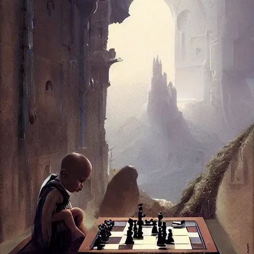 Prompt: cyberpunk baby playing chess at the top of a cliff monastery monks greg rutkowski