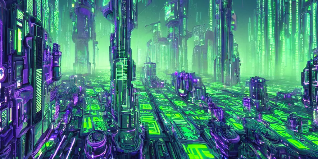 Prompt: a landscape view of a cybernetic cathedral overlooking an higway made of rows of glowing green codes and symbols, cyberpunk, beautiful detailed, cinematic, strong lighting, hi - fructose art magazine, photorealistic, 8 k, gradient cyan to purple, by paul lehr and david heskin