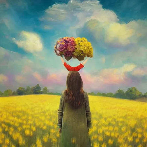 Image similar to girl with a singular flower for a head, surreal photography, dream, standing in flower field, magical, in a valley, sunrise dramatic light, impressionist painting, colorful clouds, artstation, simon stalenhag, flower face