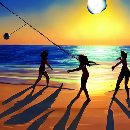 Prompt: Girls playing volleyball on beach, beautiful sunset, very detailed, pixiv scenery art, volumetric lighting, light refraction made by Makoto Shinkai