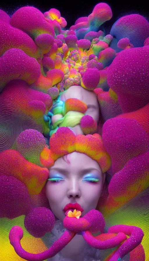 Image similar to hyper detailed 3d render like a Oil painting - kawaii Aurora (Singer) seen Eating of the Strangling network of colorful yellowcake and aerochrome and milky Fruit and Her delicate Hands hold of gossamer polyp blossoms bring iridescent fungal flowers whose spores black the foolish stars by Jacek Yerka, Mariusz Lewandowski, Houdini algorithmic generative render, Abstract brush strokes, Masterpiece, Edward Hopper and James Gilleard, Zdzislaw Beksinski, Mark Ryden, Wolfgang Lettl, hints of Yayoi Kasuma, octane render, 8k