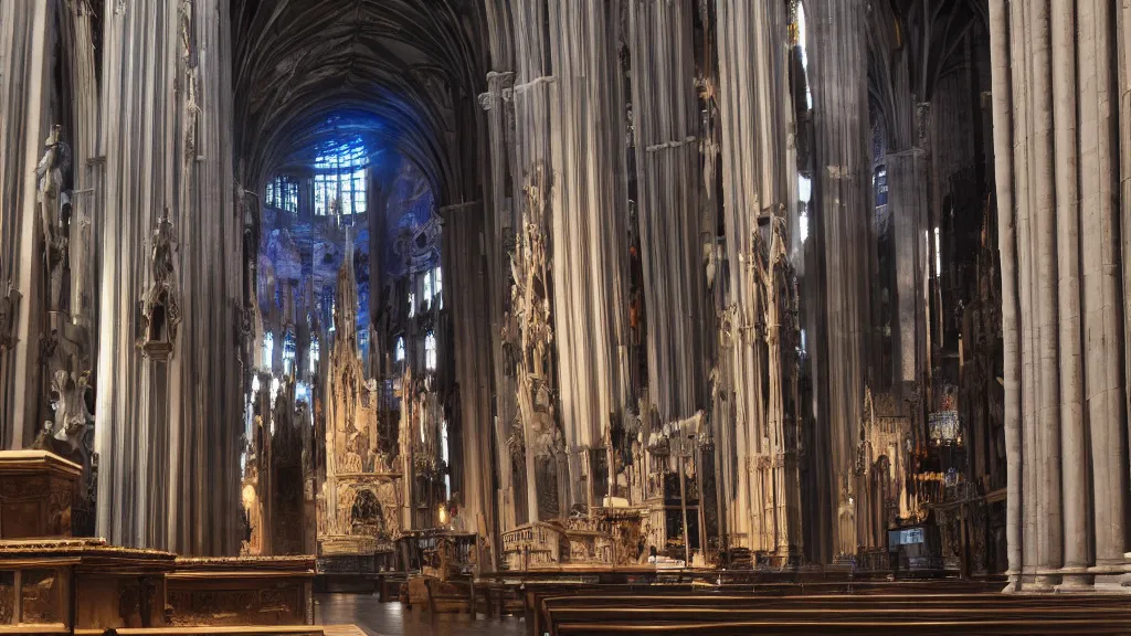 Image similar to TARDIS inside the Milan cathedral, hyper-realistic, octane render, matte