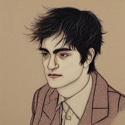 Image similar to “ robert pattison portrait by ikenaga yasunari and ayana otake and ko rakusui, drawing, realistic, sharp focus, japanese, dreamy, nostalgia, faded, golden hues, floral clothes ”