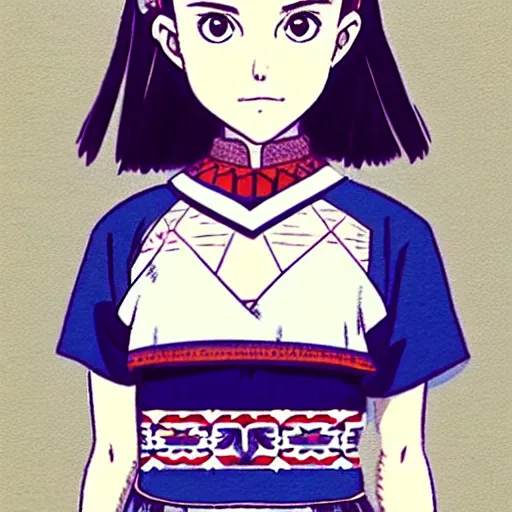 Image similar to a beautiful! boyish! natalie portman alluring gravure! model, wearing japanese school girl outfit with mayan pattern and native style, aztec street fashion, gapmoe yandere grimdark, trending on pixiv fanbox, painted by greg rutkowski makoto shinkai takashi takeuchi studio ghibli, akihiko yoshida