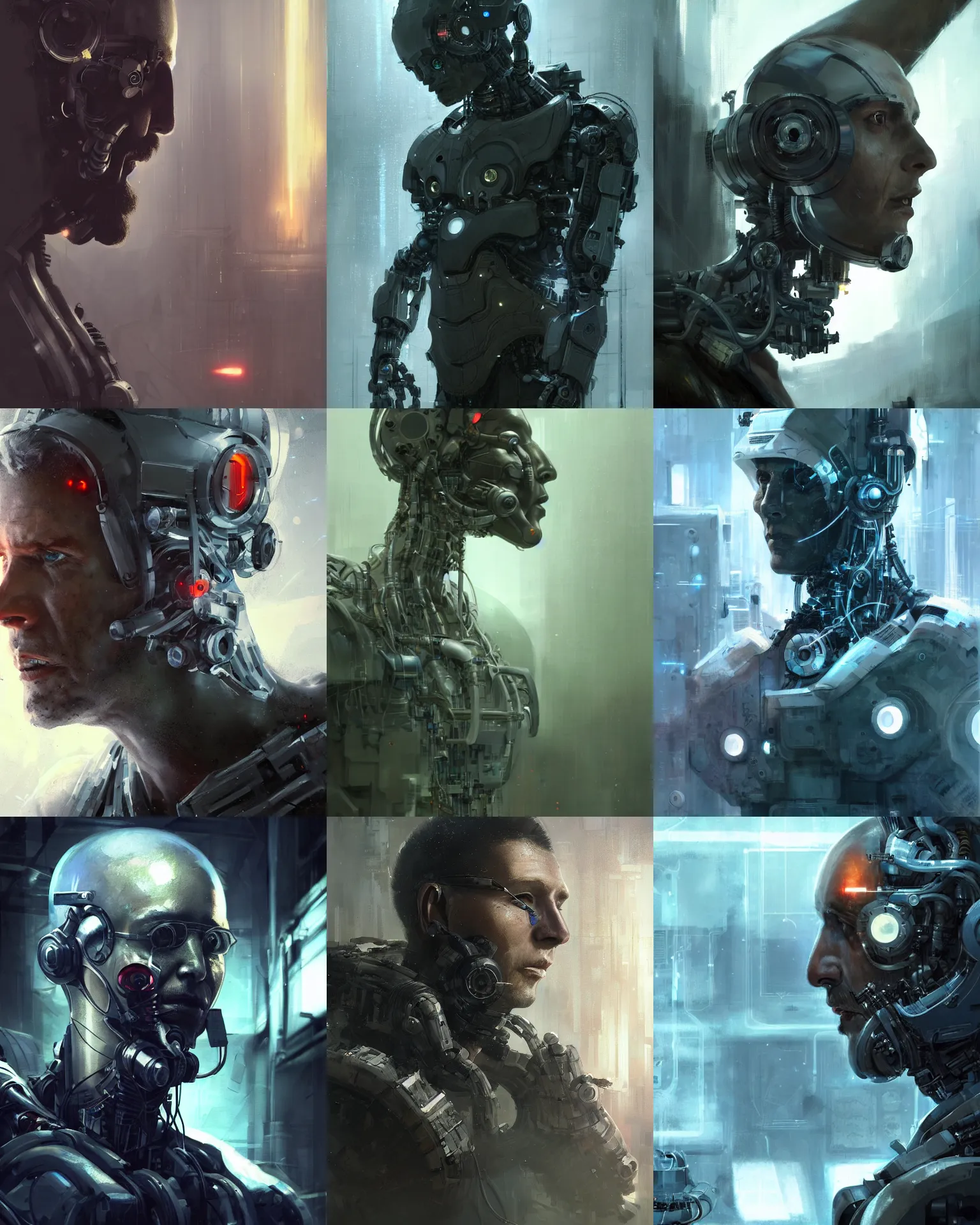 Image similar to a laboratory engineer man with cybernetic enhancements seen from a distance, scifi character portrait by greg rutkowski, craig mullins, 1 / 4 headshot, cinematic lighting, dystopian scifi outfit, profile picture, mechanical, cyborg, half robot
