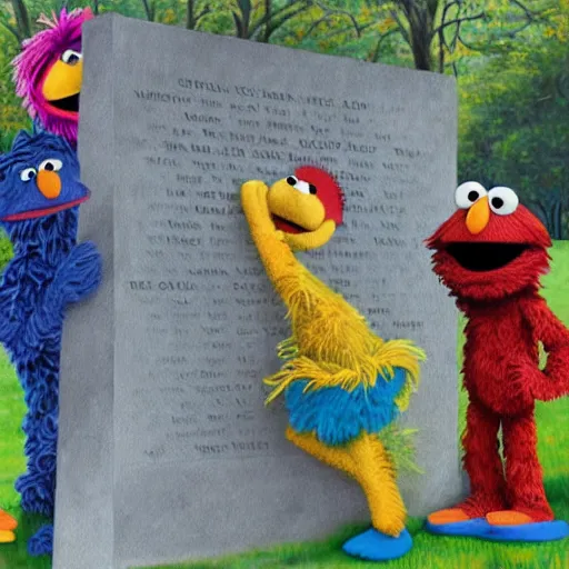 Image similar to Sesame Street characters at the Vietnam War Memorial, realistic, oil painting, by Russell Drysdale