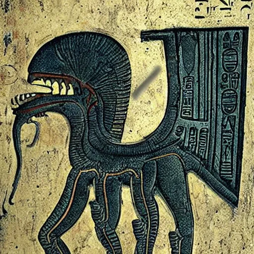 Image similar to ancient egyptian art of xenomorph giger alien from movie alien