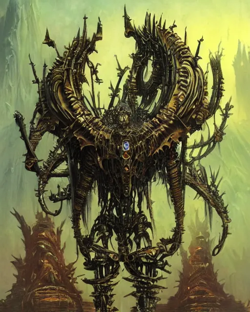 Image similar to biomechanical warhammer final boss creature vecna, art by bruce pennington and peter mohrbacher