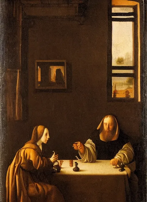 Image similar to a candlelit table at the inn, evening, dark room, two young people sitting at the table, swirling smoke, dark smoke, realistic, in the style of leonardo da vinci, dutch golden age, amsterdam, medieval painting by jan van eyck, johannes vermeer, florence