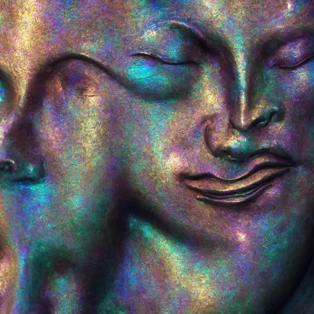 Prompt: extremely detailed cinematic movie still medium shot of enlightened iridiscent buddha hyperreal skin face by denis villeneuve, wayne barlowe, simon birch, marc simonetti, philippe druillet, beeple, alex grey bright volumetric sunlight, rich moody colors, bokeh