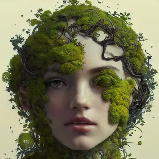 Image similar to moss and flowers forming the shape of a human figure. beautiful high quality realistic fantasy art, trending on artstation by artgerm and greg rutkowski and alphonse mucha