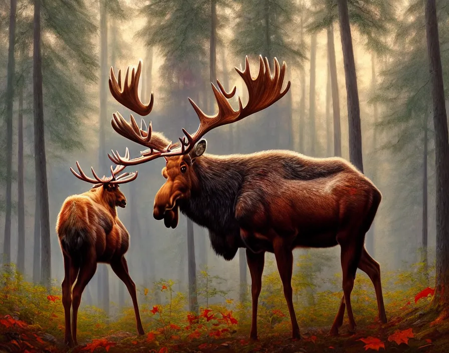 Image similar to a beautiful and very detailed painting of great ethereal moose in the bright red maple forest with a silver antlers, dynamic lighting, trending on artstation, path traced, highly detailed, high quality, digital art, hyper realistic, octane render, sharp focus, art by artgerm and greg rutkowski and alphonse mucha, 8 k