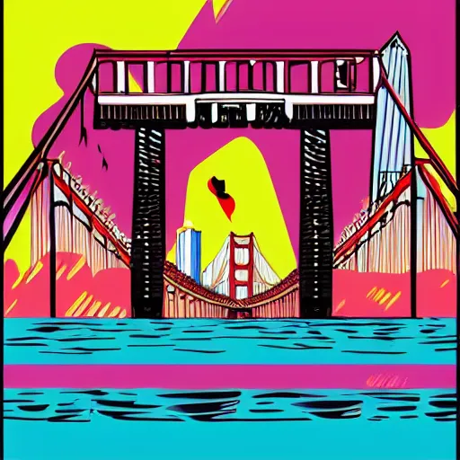 Prompt: Miami Vice themed luchador event on the Golden Gate Bridge; Luchador costume; miami Vice; colors; graphic art; vector graphics; masterpiece illustration comic