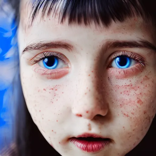 Image similar to a little blue-skinned girl with messy black hair sharp pointed ears freckles along the ridges of her cheeks, high resolution film still, 4k, HDR colors