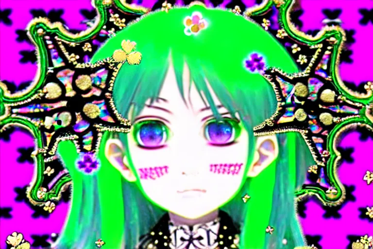 Image similar to baroque bedazzled gothic royalty frames surrounding a hologram of decora styled green haired yotsuba koiwai wearing a gothic spiked jacket, background full of lucky clovers, crosses, and shinning stars, holography, irridescent