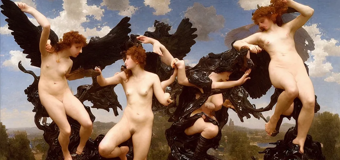 Image similar to hyperrealist highly detailed english medieval portrait of high fashion archangel fighting against giant ferrofluid monster, Art by William Adolphe Bouguereau,, giant ferrofluid monster by William Adolphe Bouguereau,, by Annie Swynnerton and Tino Rodriguez and Maxfield Parrish, elaborately costumed, giant ferrofluid monster, rich color, dramatic cinematic lighting, extremely detailed, radiating atomic neon corals, concept art pascal blanche dramatic studio lighting 8k wide angle shallow depth of field, Art by William Adolphe Bouguereau, extreme detailed and hyperrealistic