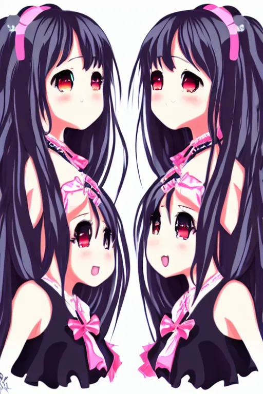 Image similar to two beautiful female idols with twintails facing each other, dark background, detailed anime art