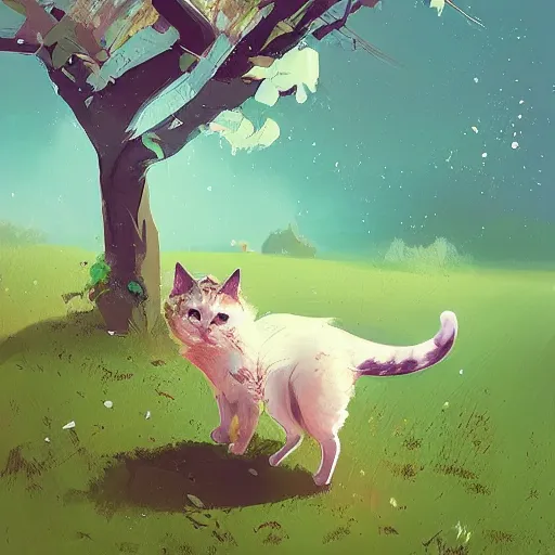 Image similar to A very pretty cat near a tree in the countryside on a windy day by Ismail Inceoglu, cgsociety, mixed media, award winning