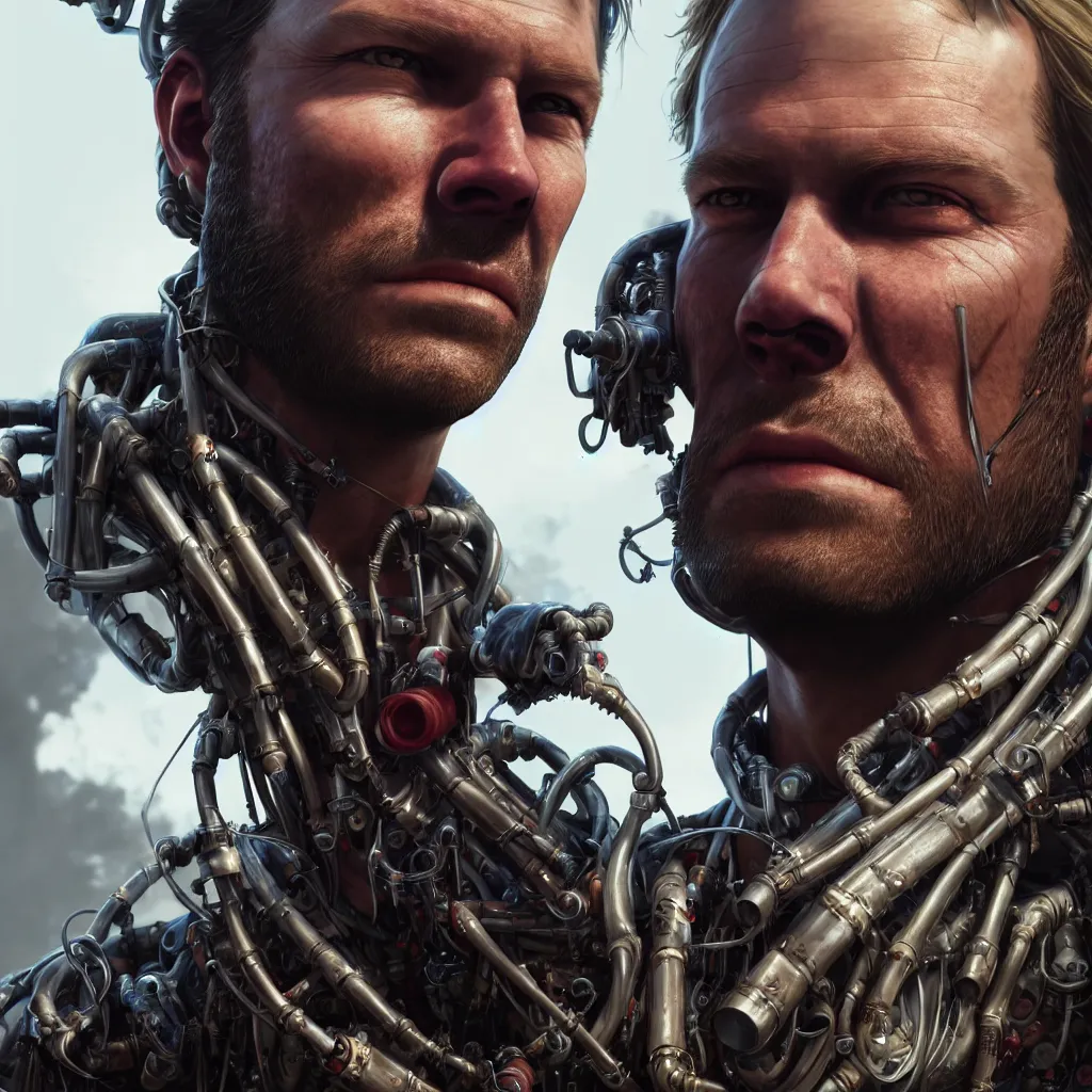 Image similar to a single close-up portrait of Arthur Morgan from Red Dead Redemption as a cyborg, barely human and largely biomechanical machine, hyper-realistic cyberpunk style, Peter Mohrbacher Takayuki Takeya moody, face by Yanjun Cheng, Irakli Nadar, dramatic cinematic lighting rendered by octane, 8k, detailed, intricate, clean and textures, trending on artstation, deviantart google images, pinterest