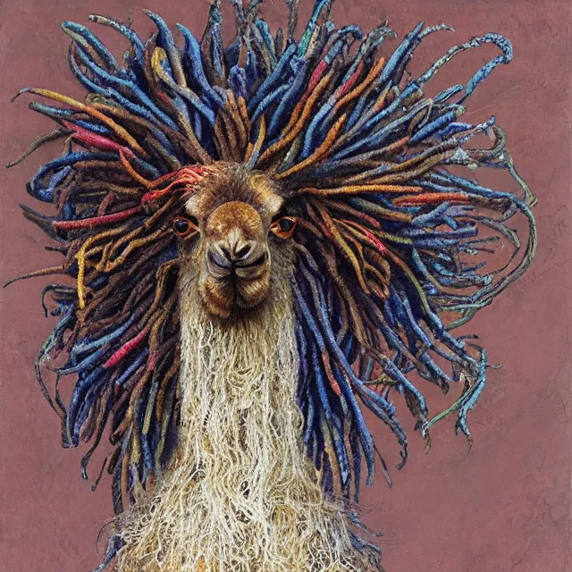 Image similar to llama with dreadlocks, by mandy jurgens, ernst haeckel, el anatsui