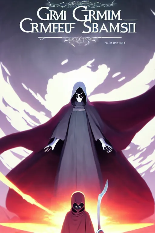 Image similar to video game cover, small grim reaper dressed with a cape surrounded by demons, mid view, design on a white background, by studio muti, greg rutkowski makoto shinkai takashi takeuchi studio ghibli