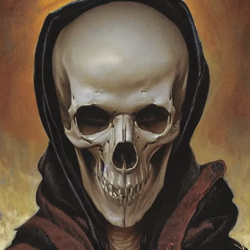 Prompt: portrait of a man in a long flowing hooded cloak and a skull mask, by Gerald Brom and Norman Rockwell