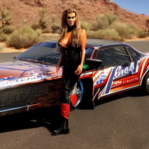 Image similar to photo of Carmen Electra inside video game Cruis'n USA holding a trophy in the middle of a desert road, fine art photography