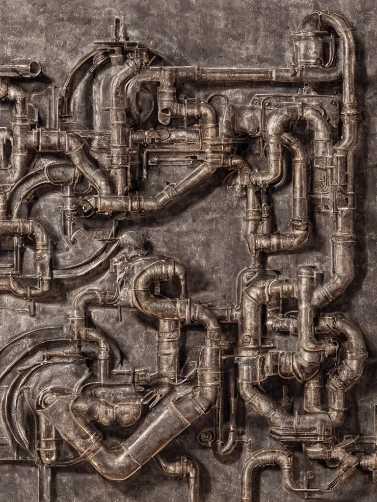 Prompt: relief sculpture carving in rusted steel of machine guns, industrial leaky pipes, valves, steam, dramatic lighting, hyperrealistic, ultrarealistic, intricate details, 4k