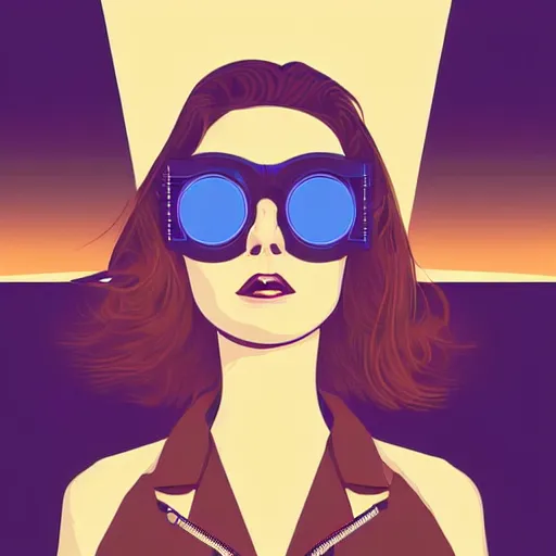 Image similar to a woman with light blue shutter shades in front of a sunset, a dark brown leather jacket, one side brown haircut with blue ends, vector art by jan tengnagel, pixabay contest winner, retrofuturism, retrowave, synthwave, outrun, portrait, synthwave