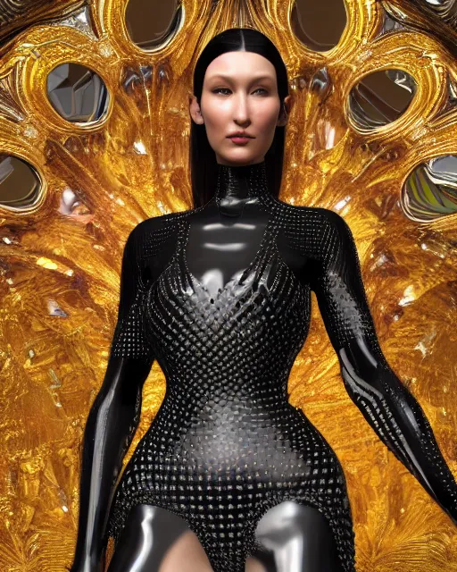 Image similar to a highly detailed metahuman 4 k close up render of a bella hadid in a black latex outfit monument renaissance in iris van herpen dress schiaparelli in diamonds crystals swarovski and jewelry iridescent in style of alphonse mucha gustav klimt trending on artstation made in unreal engine 4