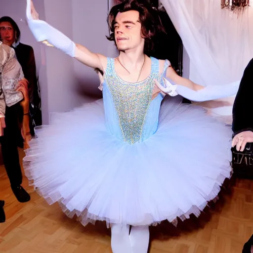 Image similar to Harry styles dressed as a princess preforming ballet