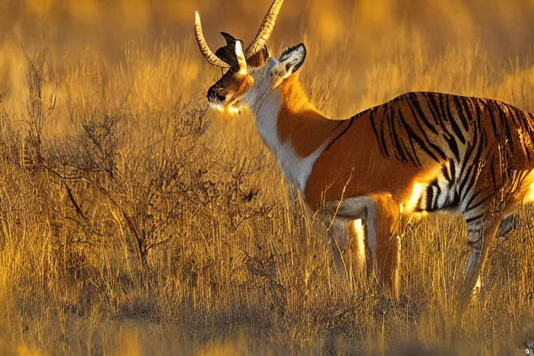 Image similar to antelope eating a tiger, golden hour, 6 0 0 mm, wildlife photo, national geographics