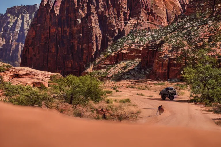 Image similar to cinematography of a cinematic ultra realist and ultra intricate detailed photo of a beautiful sci-fi armored mech shootout in Zion national park by Emmanuel Lubezki