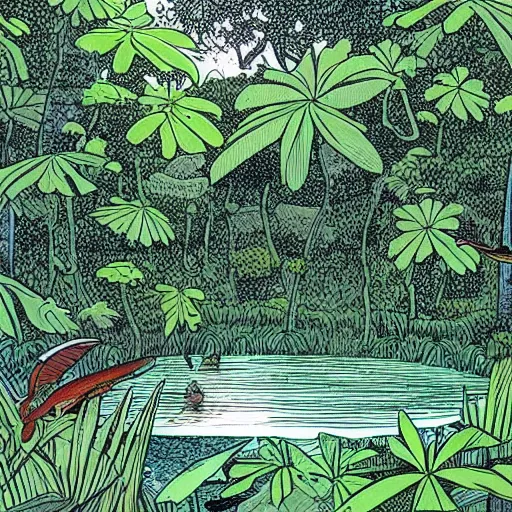 Image similar to a pond in a lush jungle, drawing by moebius