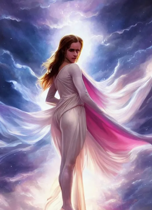 Prompt: emma watson as nature magic celestial, superwoman pose, long hair, soft pink and white transparent cloth, space, D&D, shiny background, intricate, elegant, highly detailed, digital painting, artstation, concept art, smooth, sharp focus, illustration, artgerm, bouguereau