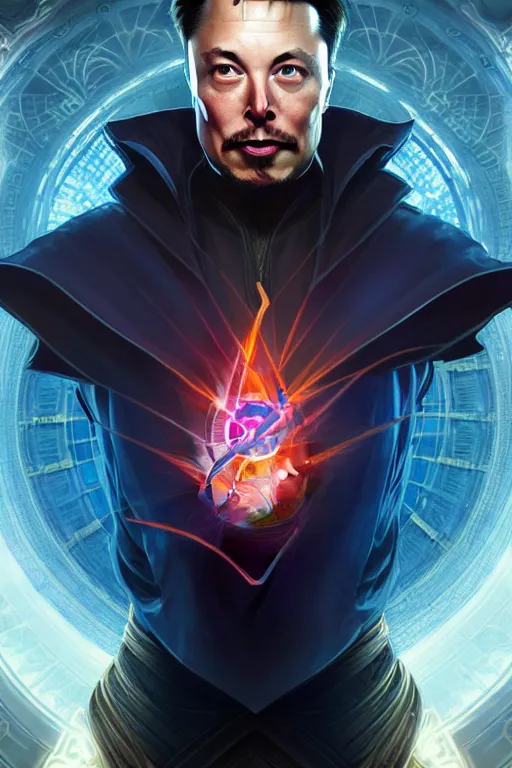 Image similar to elon musk as dr strange, realistic portrait, symmetrical, highly detailed, digital painting, artstation, concept art, smooth, sharp focus, illustration, cinematic lighting, art by artgerm and greg rutkowski and alphonse mucha