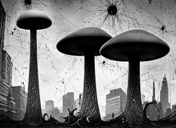 Image similar to nuclear mushroom in the city . Horror dystopia style. Highly detailed 8k. Intricate. Nikon d850 300mm. Award winning photography.