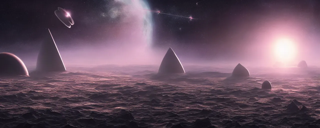 Image similar to movie still, galactic plane with angular minimalist obsidian monoliths floating in space, cell automata, unreal engine, octane render, detailed and intricate, cloudy, global illumination, volumetric lighting, hubble telescope images, james webb telescope images, detailed and intricate environment, color graded