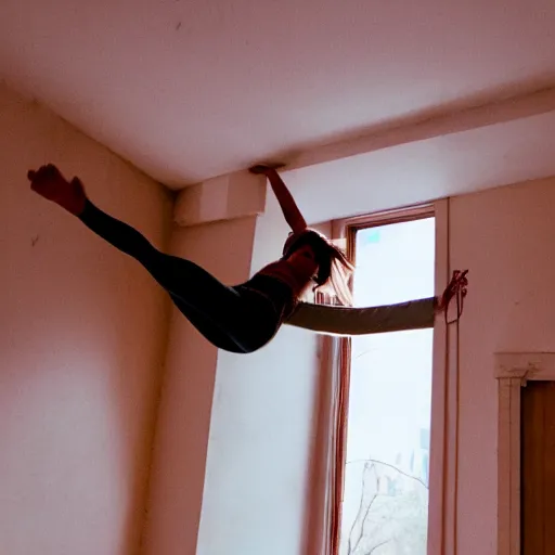 Image similar to a woman floating suspended above the floor in the room of an old house, 3 5 mm, sunlight