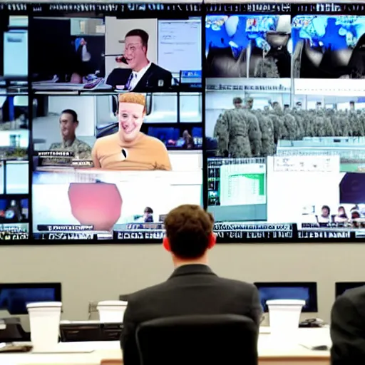 Image similar to laughing mark Zuckerberg at a busy military situation room with giant monitors. Cross hairs and military vision are on the screens.