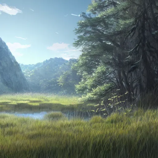 Prompt: concept art painting of a marsh swamp on top of a mountain above a forest valley, realistic, detailed, cel shaded, in the style of makoto shinkai and greg rutkowski and james gurney