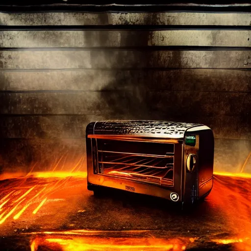 Image similar to cyborg toaster oven repairman, dark messy smoke - filled cluttered workshop, dark, dramatic lighting, orange tint, sparks, plasma rays, cinematic, highly detailed, sci - fi, futuristic, movie still, rule of thirds composition