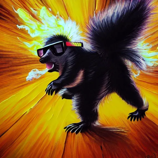 Image similar to skunk wearing shades, explosion behind it, walking confidently, oil painting, professional, highly detailed