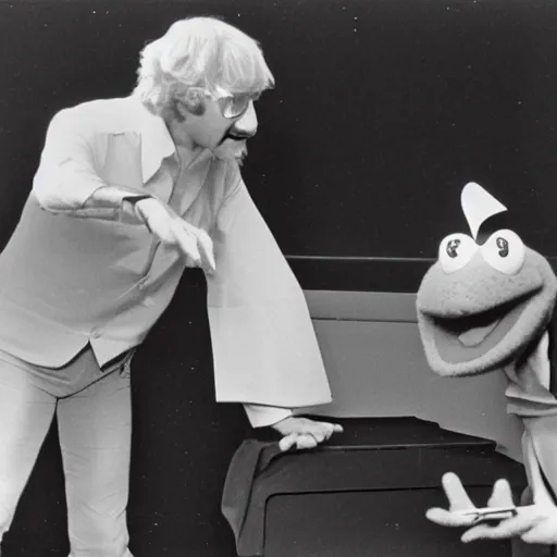 Prompt: 1970s photo of kermit the frog teaching general relativity