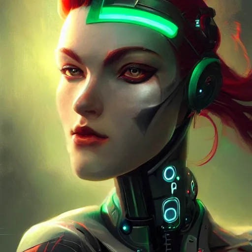 Image similar to a portrait of a beautiful cyborg girl, red hair, glowing green eyes, urban motifs, intricate, elegant, highly detailed, digital painting, trending on artstation, concept art, smooth sharp focus, illustration, art by artgerm and greg rutkowski